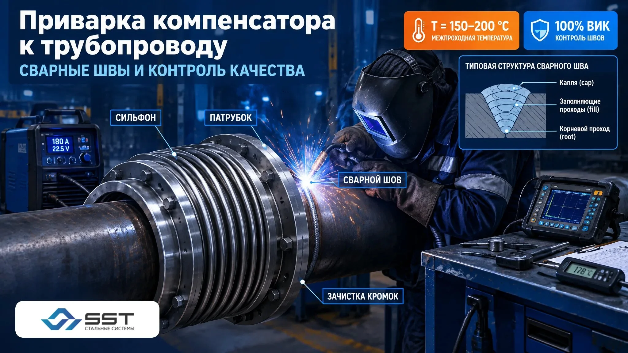 Приварка сильфонного компенсатора к трубопроводу